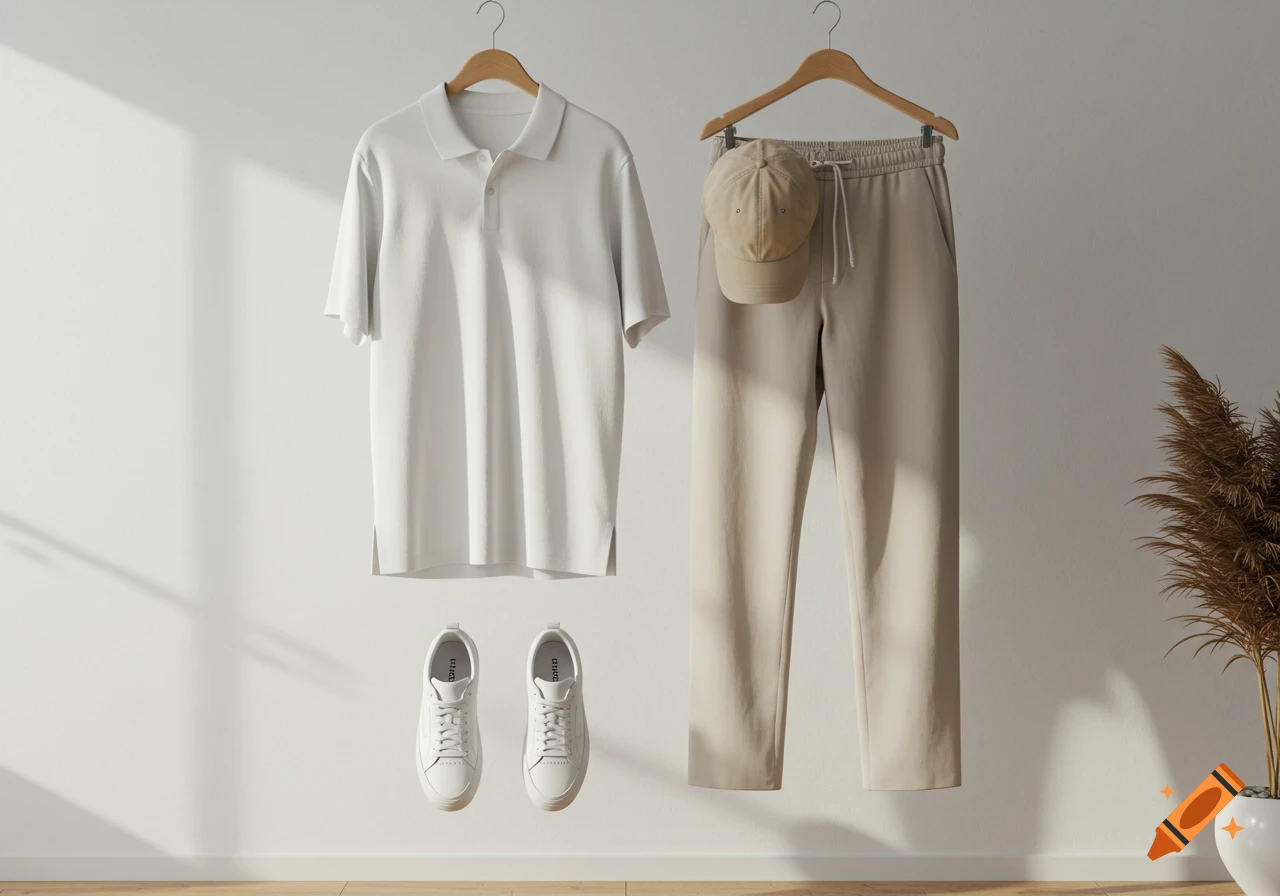 A minimalist still life features a white polo shirt, beige slacks, white sneakers, and a beige cap suspended against a white wall with shadows.