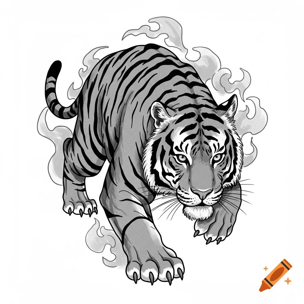 A black and white stylized tiger with stripes crawls forward, surrounded by smoky elements, in a tattoo art style.