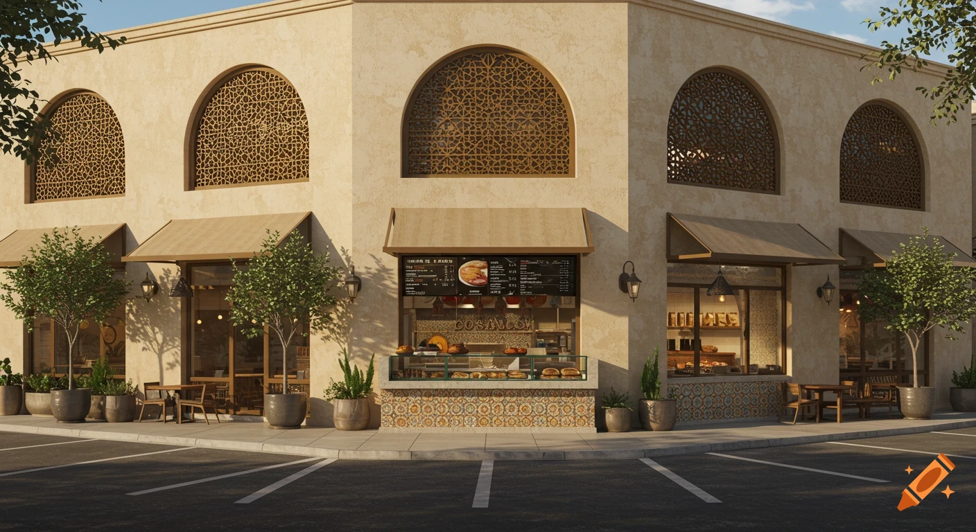 Photorealistic exterior of a Mediterranean pastry shop with sand-beige stucco, arched windows, outdoor seating, and a display counter with pastries.