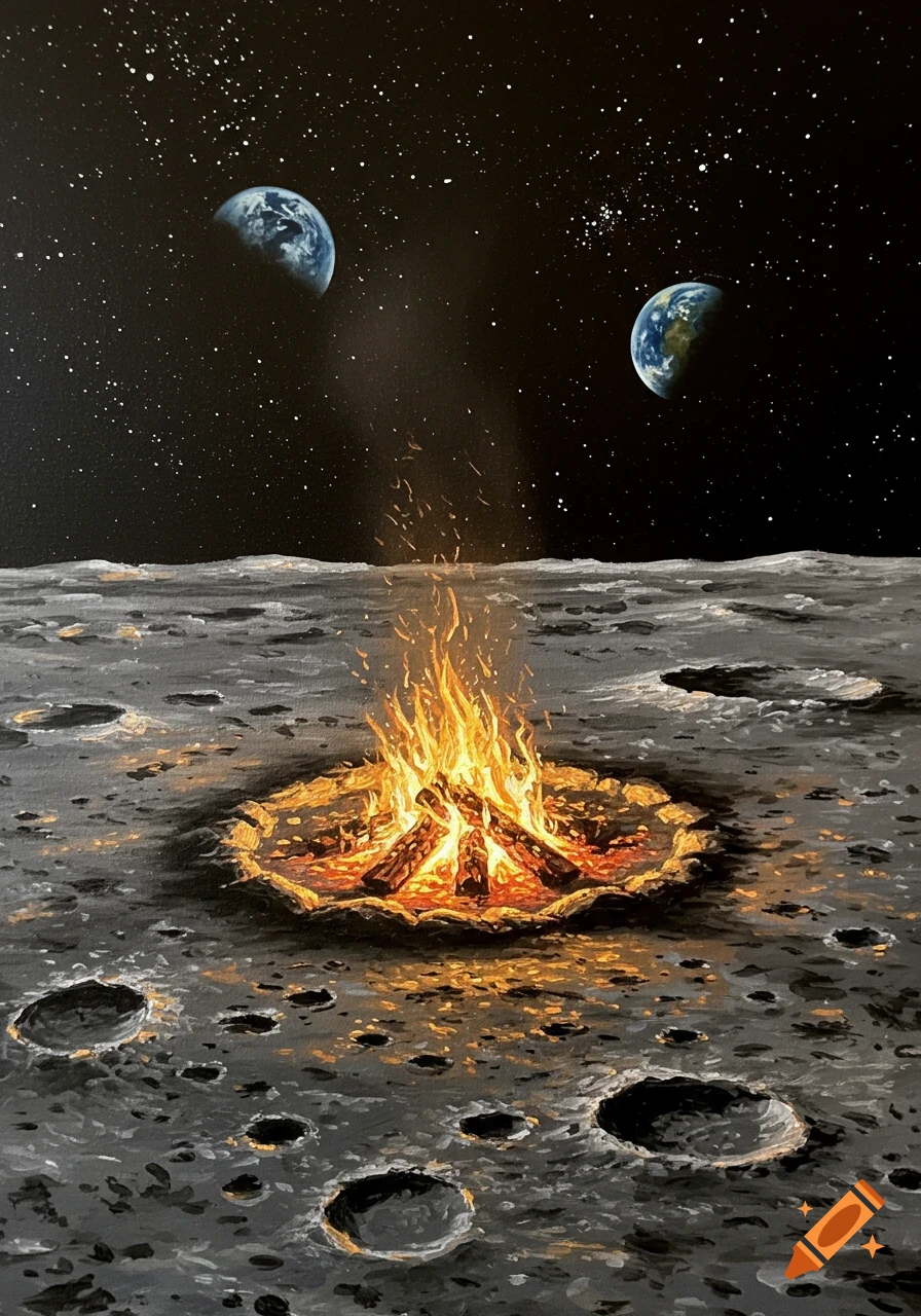 An oil painting of a warm campfire burning on the moon's cratered surface, with two Earths and stars visible in the dark space sky.