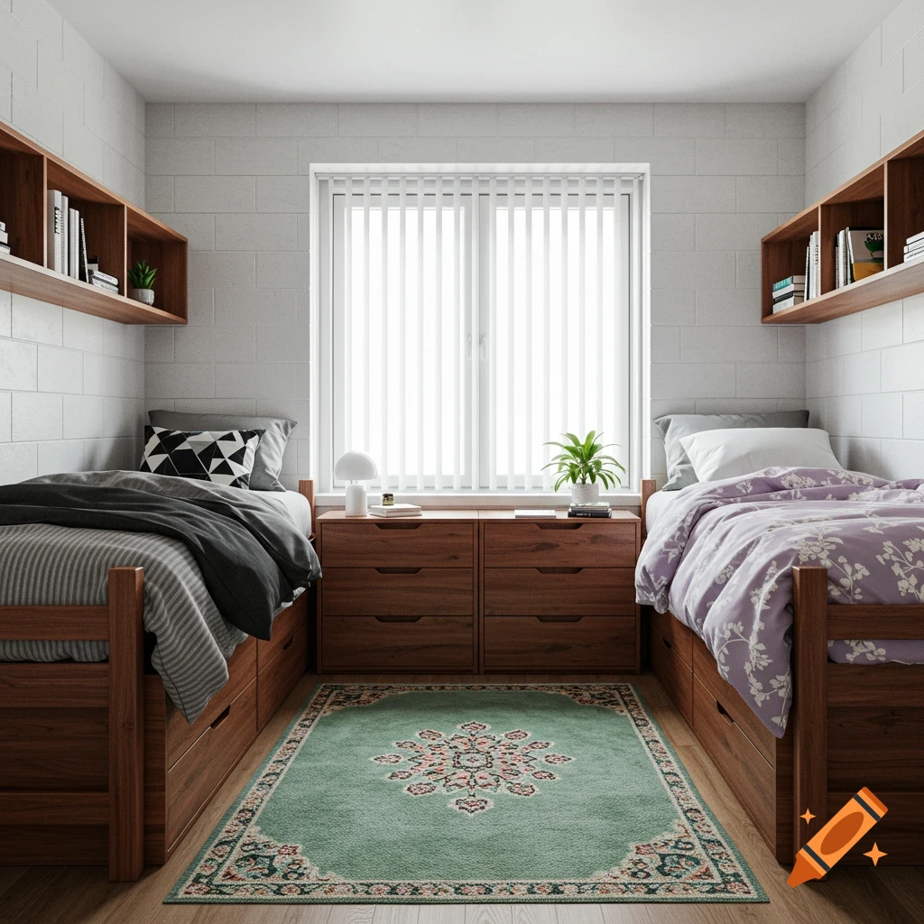 A symmetrical dorm room with two wooden beds, dressers under a window, and a green Persian rug, with white cinder block walls.