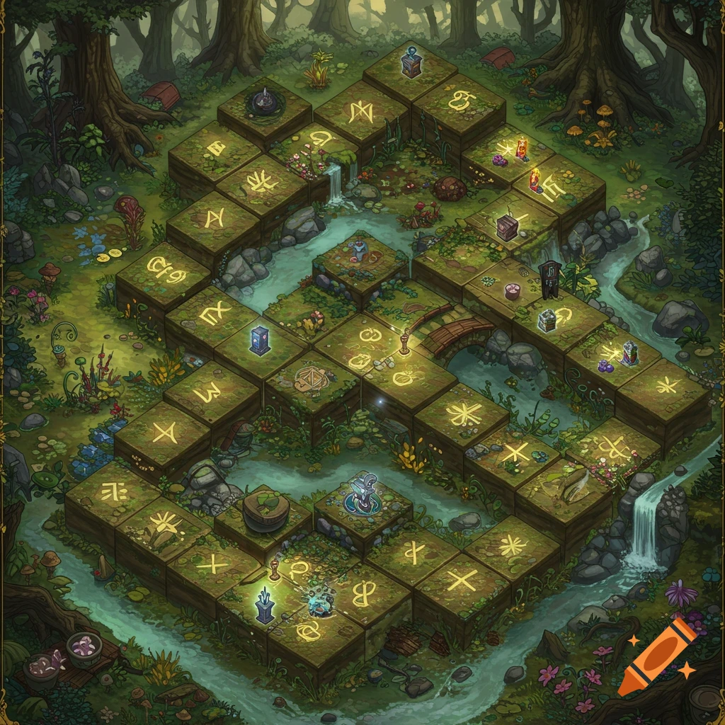 Isometric view of a fantasy game board with glowing runes, winding path, streams, and a bridge through an enchanted forest.