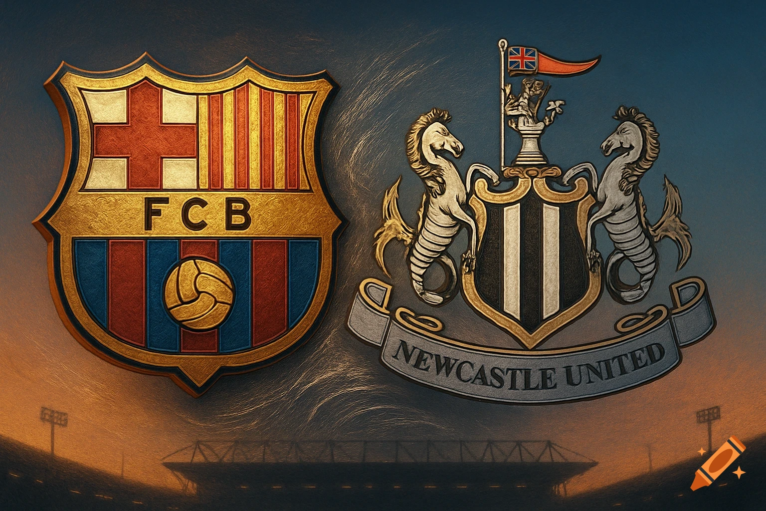 Detailed, embossed FC Barcelona and Newcastle United football club crests against a stadium background.
