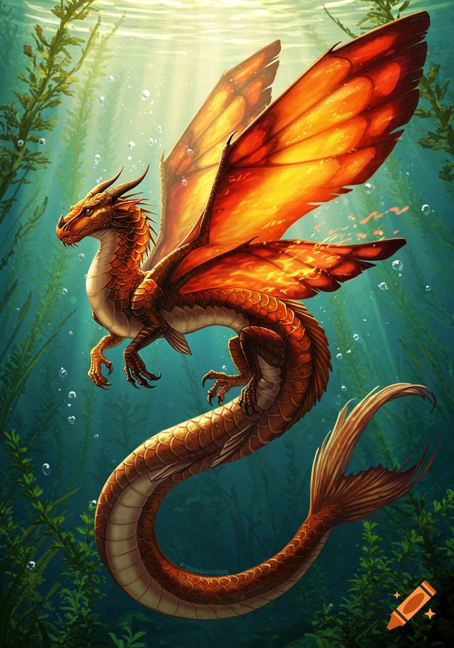 A vibrant orange dragon-like creature with large, fiery wings and a long, fish-like tail floats gracefully underwater amidst green plants, with sunlight filtering from above.