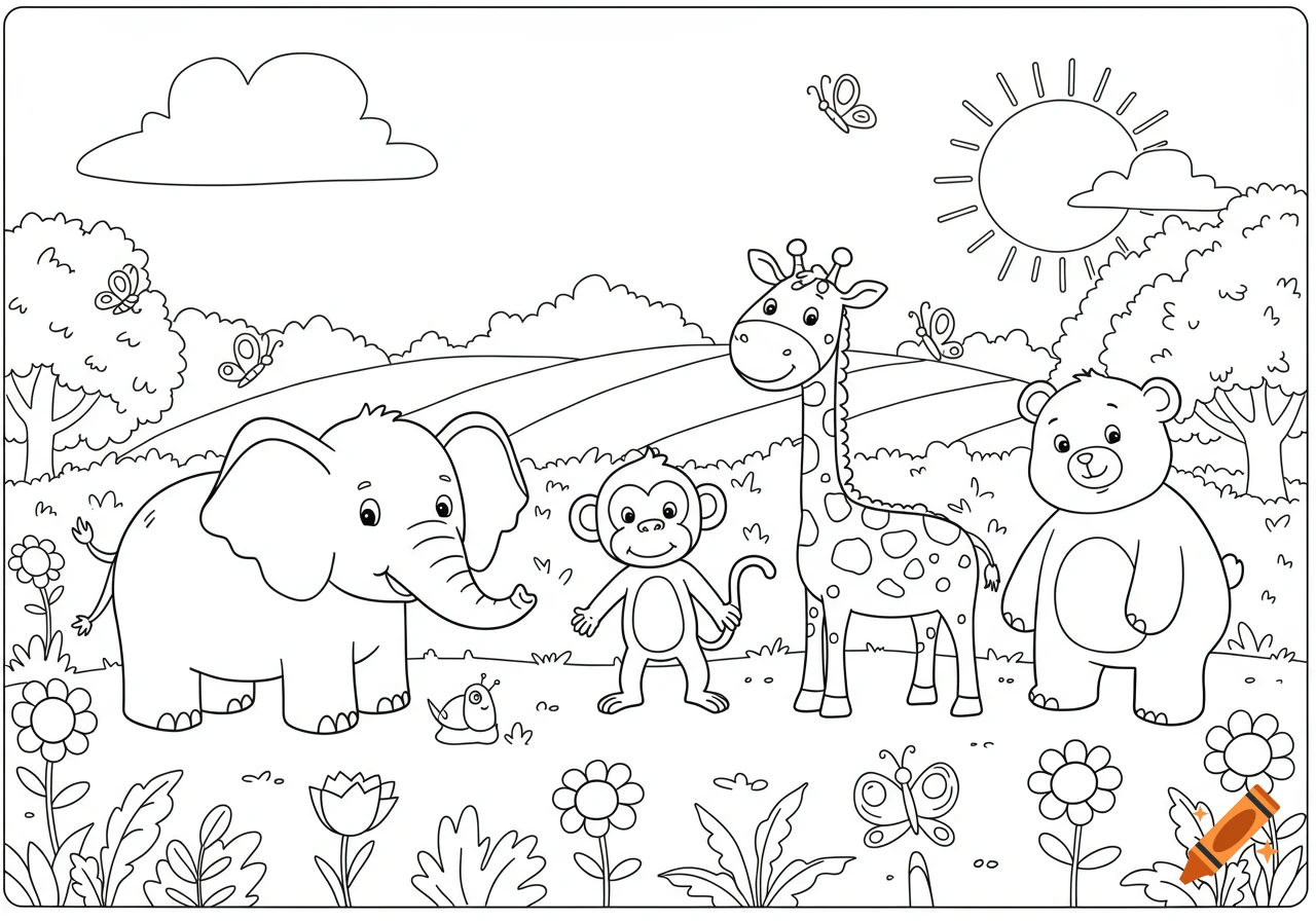Line art coloring page with an elephant, monkey, giraffe, and bear in a field with flowers, butterflies, and the sun.