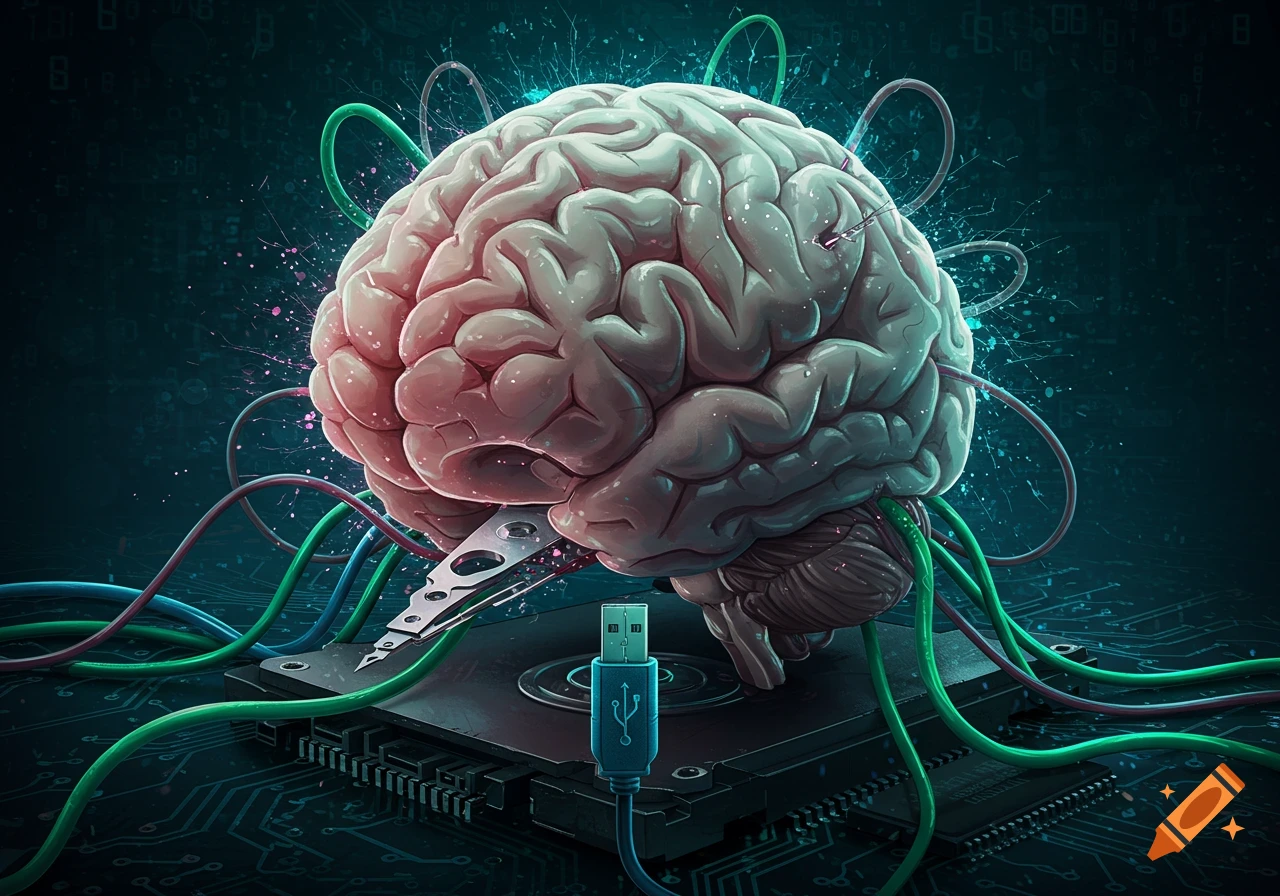 A vibrant illustration of a human brain integrated with computer hardware, featuring colorful wires, a hard drive platter, and a USB plug, against a dark, technological background.