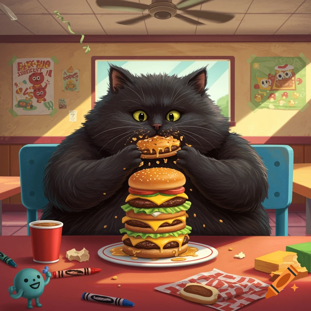 A fluffy black cat voraciously eats a hamburger at a kids' table, with a stack of burgers in front of it in a cartoon style.