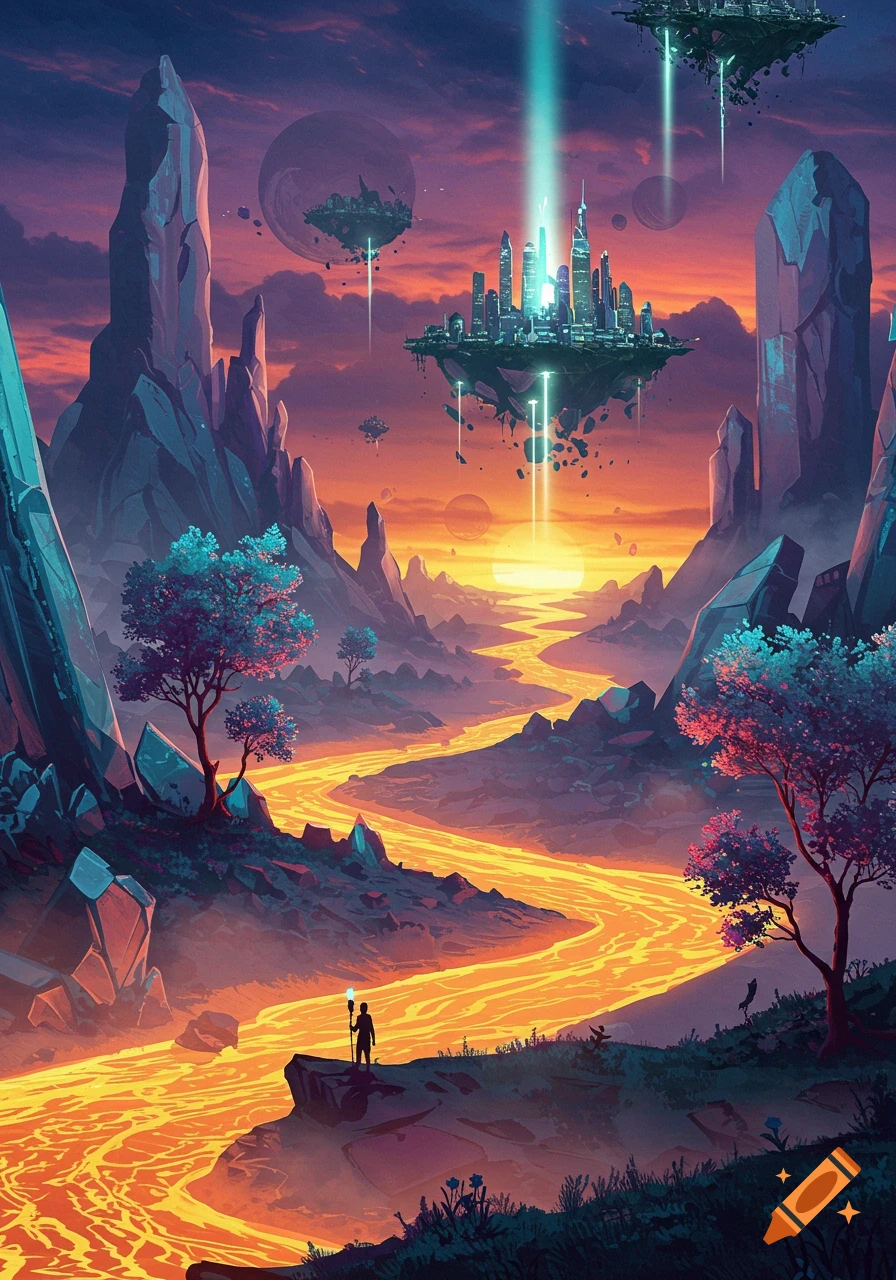 A vibrant fantasy landscape at sunset with a glowing lava river, tall crystal formations, a lone figure, and a futuristic city on a floating island.