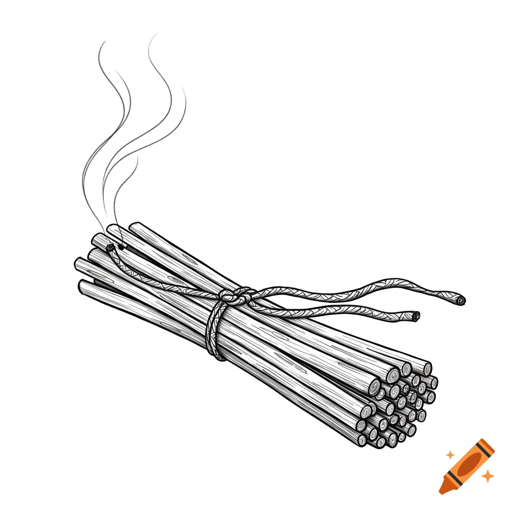 A black and white line drawing of an incense bundle with smoke rising.