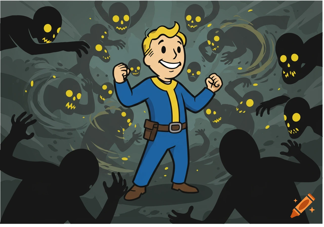 A cartoon Vault Boy smiles, flexing his fists while surrounded by shadowy, ghost-like figures with glowing yellow eyes and jagged teeth.