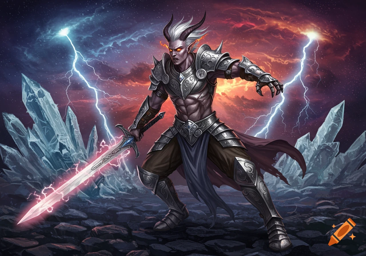 A powerful Githyanki warrior with gray skin, horns, and glowing eyes, wearing ornate silver armor and holding a glowing sword, stands amidst large crystals under a stormy sky with lightning.