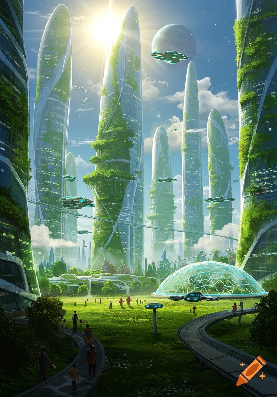 A vibrant, utopian futuristic cityscape with tall green skyscrapers, flying vehicles, lush parks, and people walking on paths.