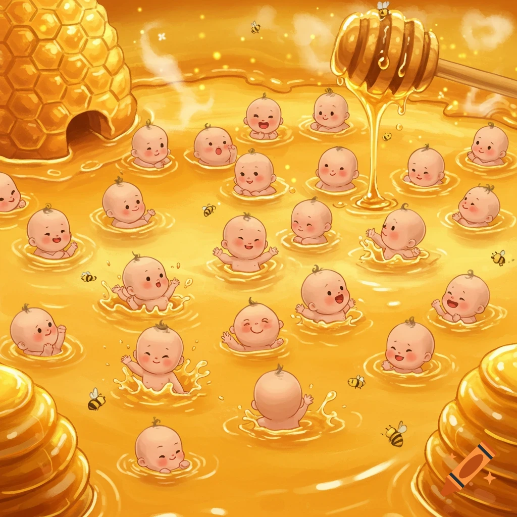 Cartoon babies floating and splashing in a pool of golden honey with bees, a beehive, and a honey dipper.
