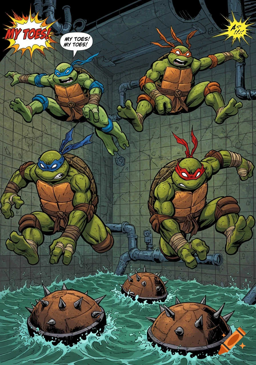 Four Ninja Turtles leap in pain as they step on spiked buoys in a sewer, depicted in a retro comic book style.