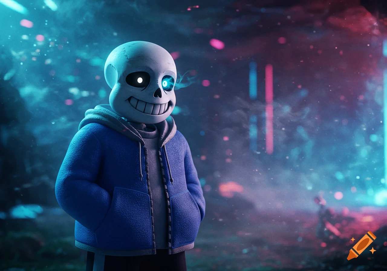 A photorealistic 3D render of Sans from Undertale, a grinning skeleton in a blue hoodie, with one glowing blue eye in a misty, neon-lit environment.