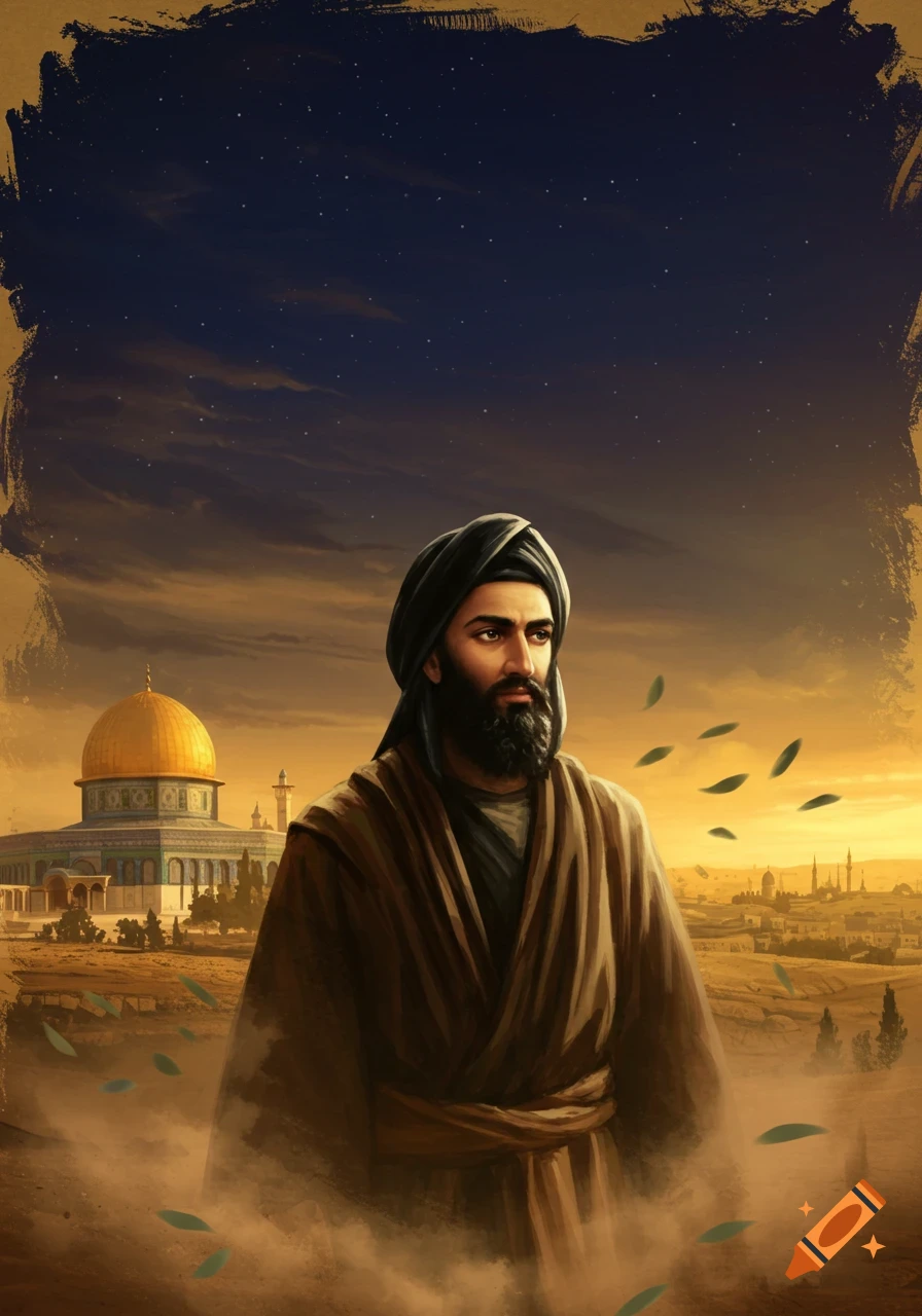 A bearded man in a turban and robes stands before the Dome of the Rock at sunset in an illustrative style.