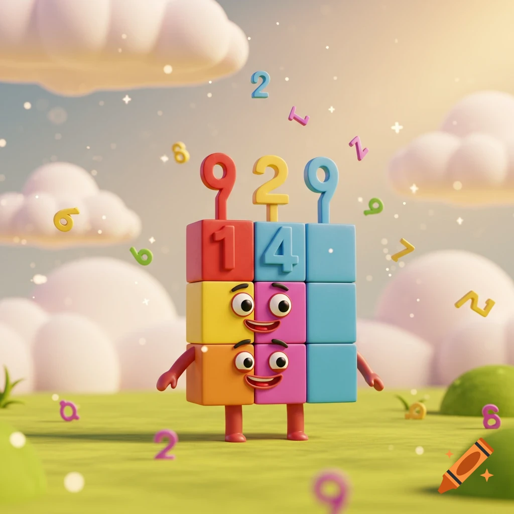 Colorful block characters with numbers '1' and '4' stand in a grassy field with floating numbers and fluffy clouds, 3D cartoon style.