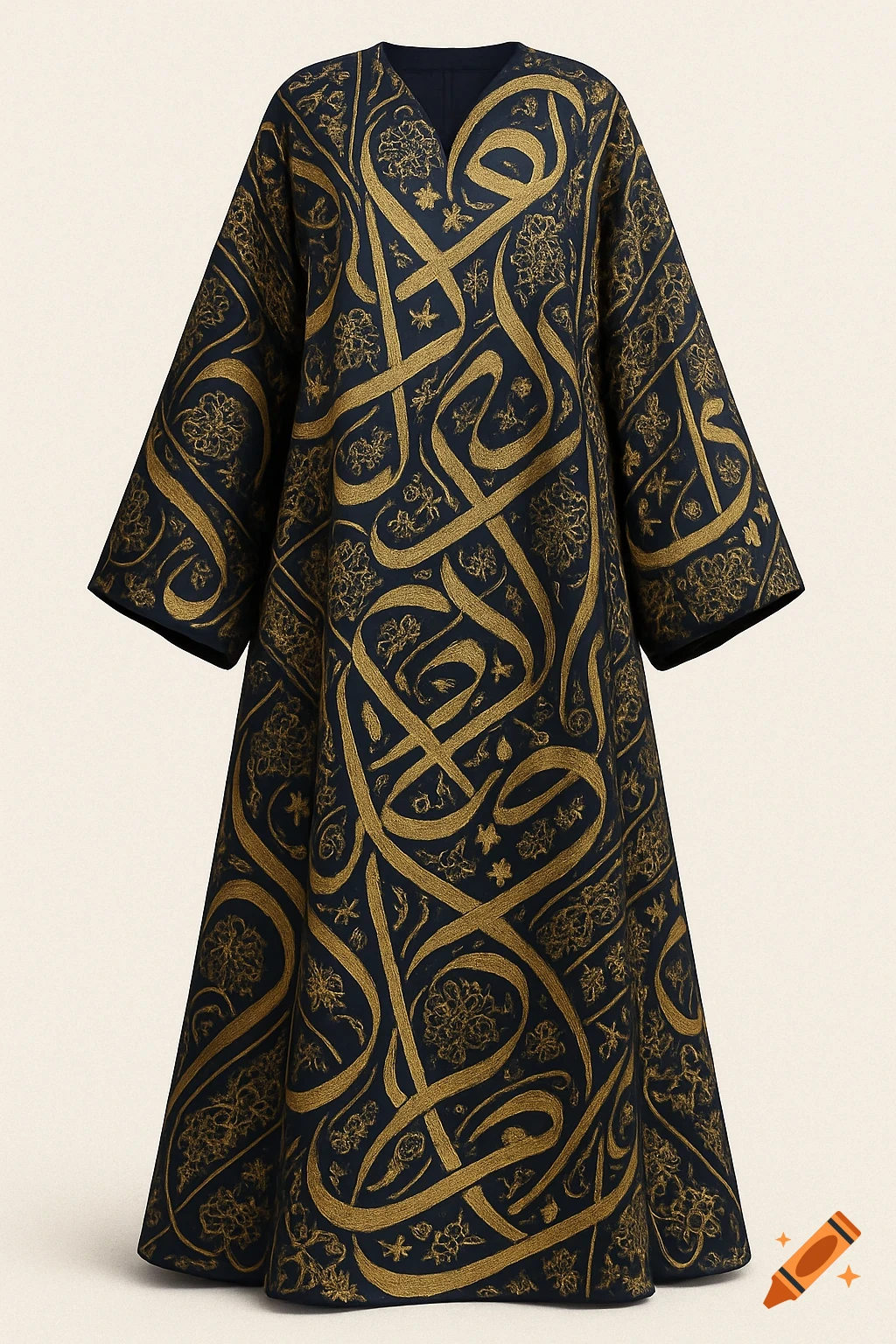 An elegant dark blue abaya with intricate gold calligraphic patterns on a light background.