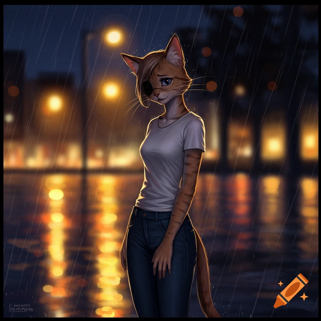 A slender catgirl with an eyepatch, white t-shirt, and jeans stands sadly in the rain at night with blurred city lights in the background.