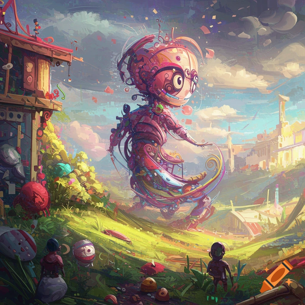 A giant, colorful, intricate robot-like creature stands in a vibrant, fantastical landscape with small figures and whimsical buildings, in a painterly style.