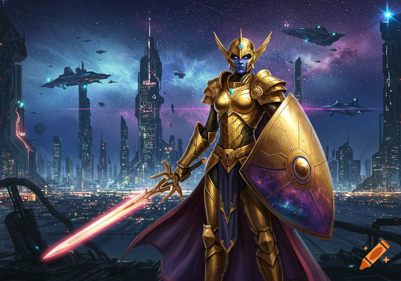 A blue-skinned, armored sci-fi warrior with a glowing sword and shield stands before a futuristic cityscape under a starry sky.