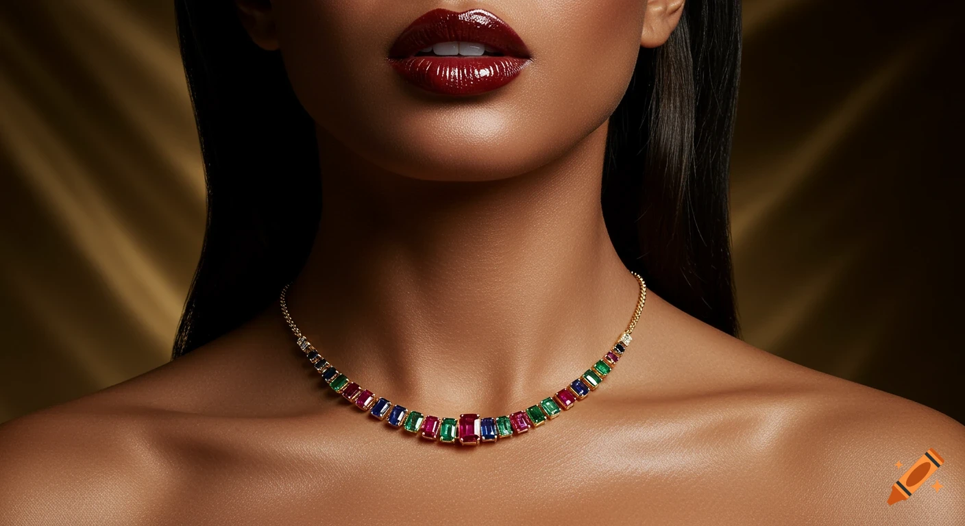 Close-up of a woman with red lips wearing a gold necklace with colorful gemstones.