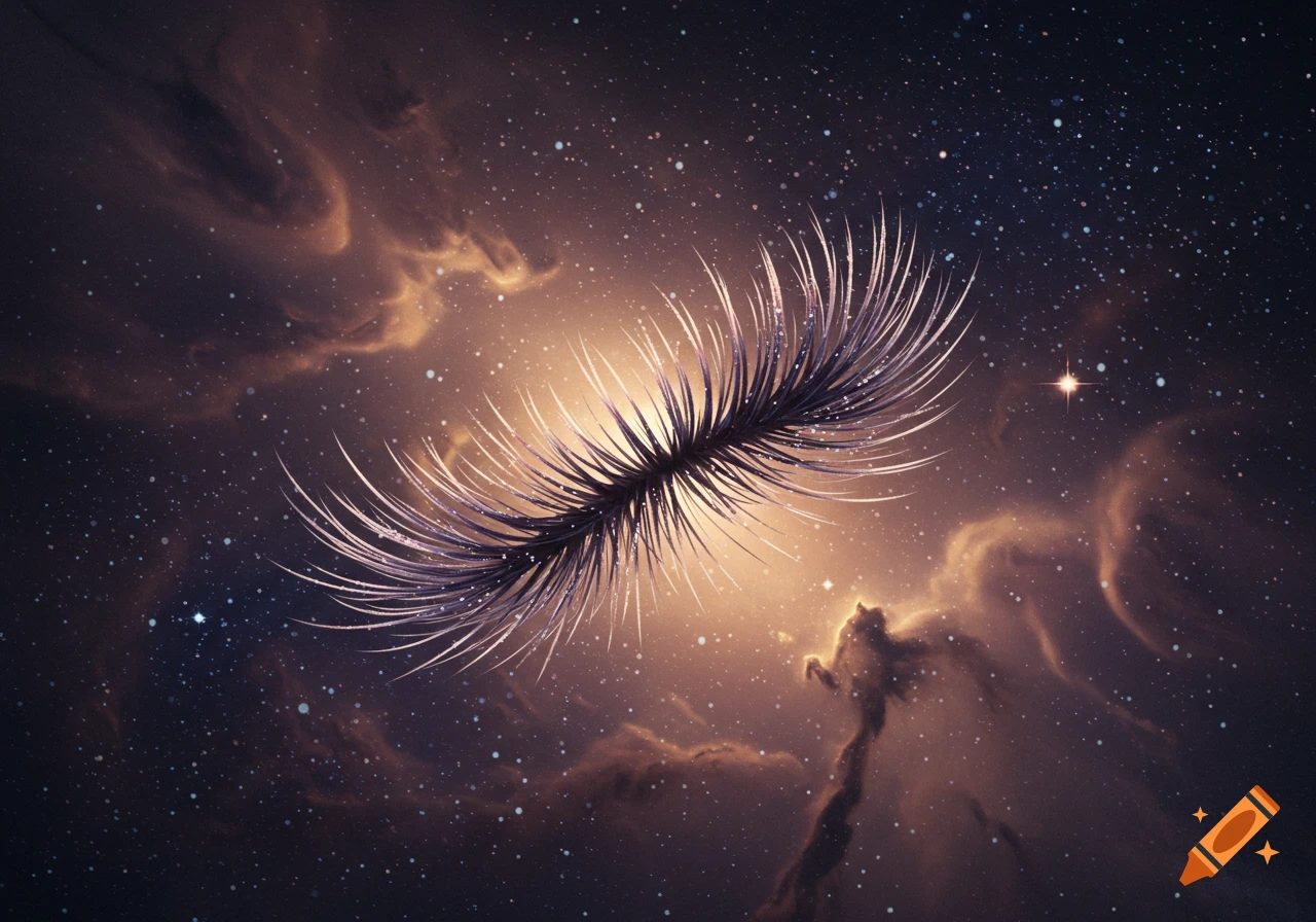A giant, detailed eyelash floats in a cosmic nebula filled with stars and glowing light.