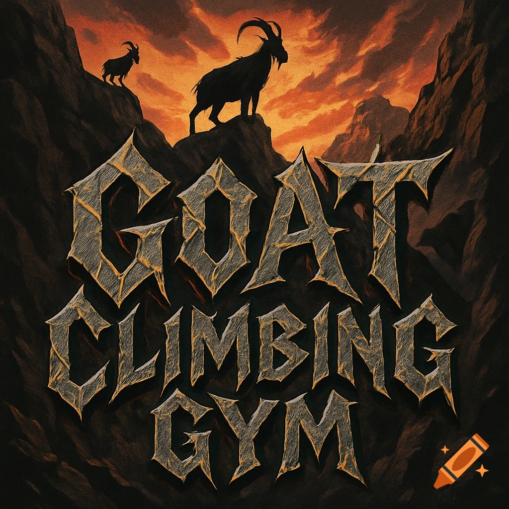 Heavy metal style logo with two goats on mountains under an orange sky, reading 'GOAT CLIMBING GYM'.