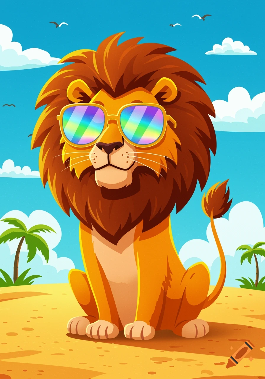 A cartoon lion with a brown mane wearing rainbow-colored sunglasses sits on a sandy beach with palm trees and birds under a blue sky.