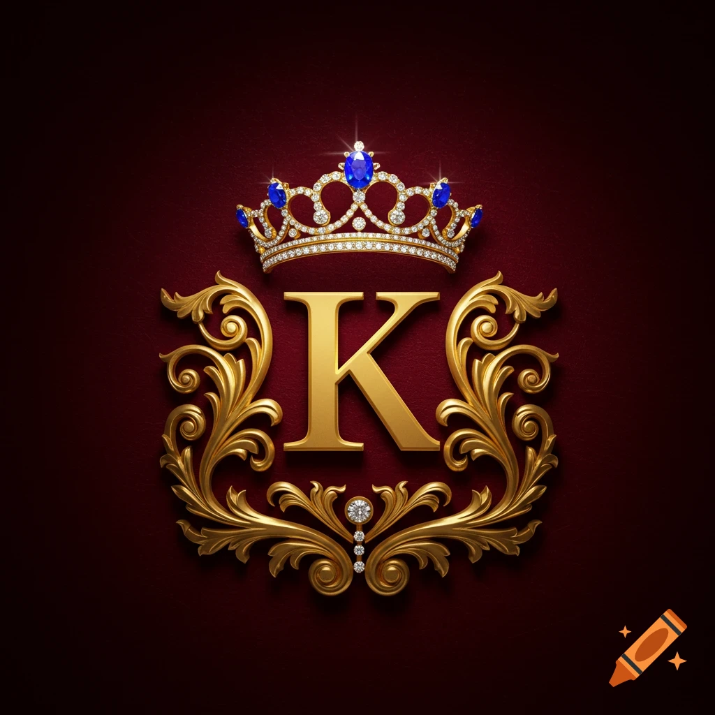 Golden ornate letter K with a jewel-encrusted royal crown and filigree on a deep red velvet background.