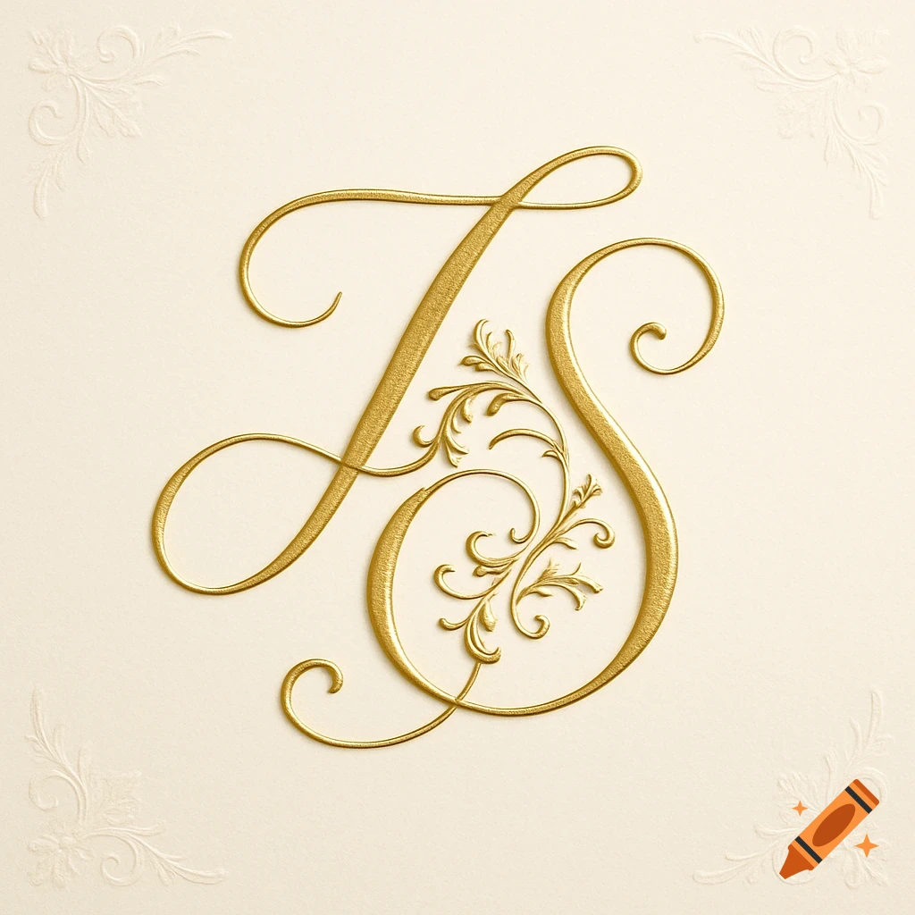 Elegant gold cursive initials 'I' and 'S' intertwined on a cream background with embossed floral patterns.