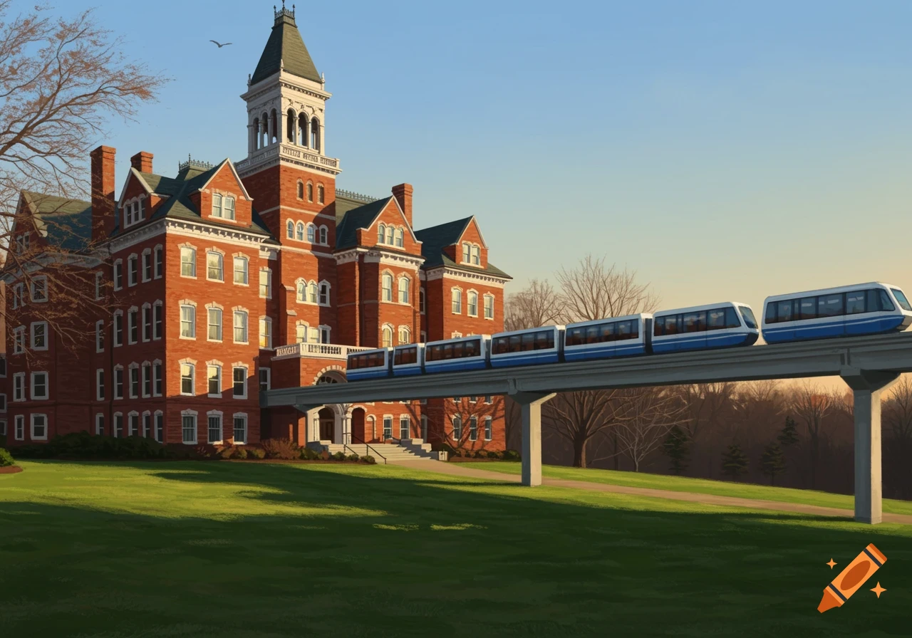 A grand, red-brick university building with a tall bell tower overlooks a green lawn, as a blue and white monorail passes on an elevated track in the foreground under a clear sky.