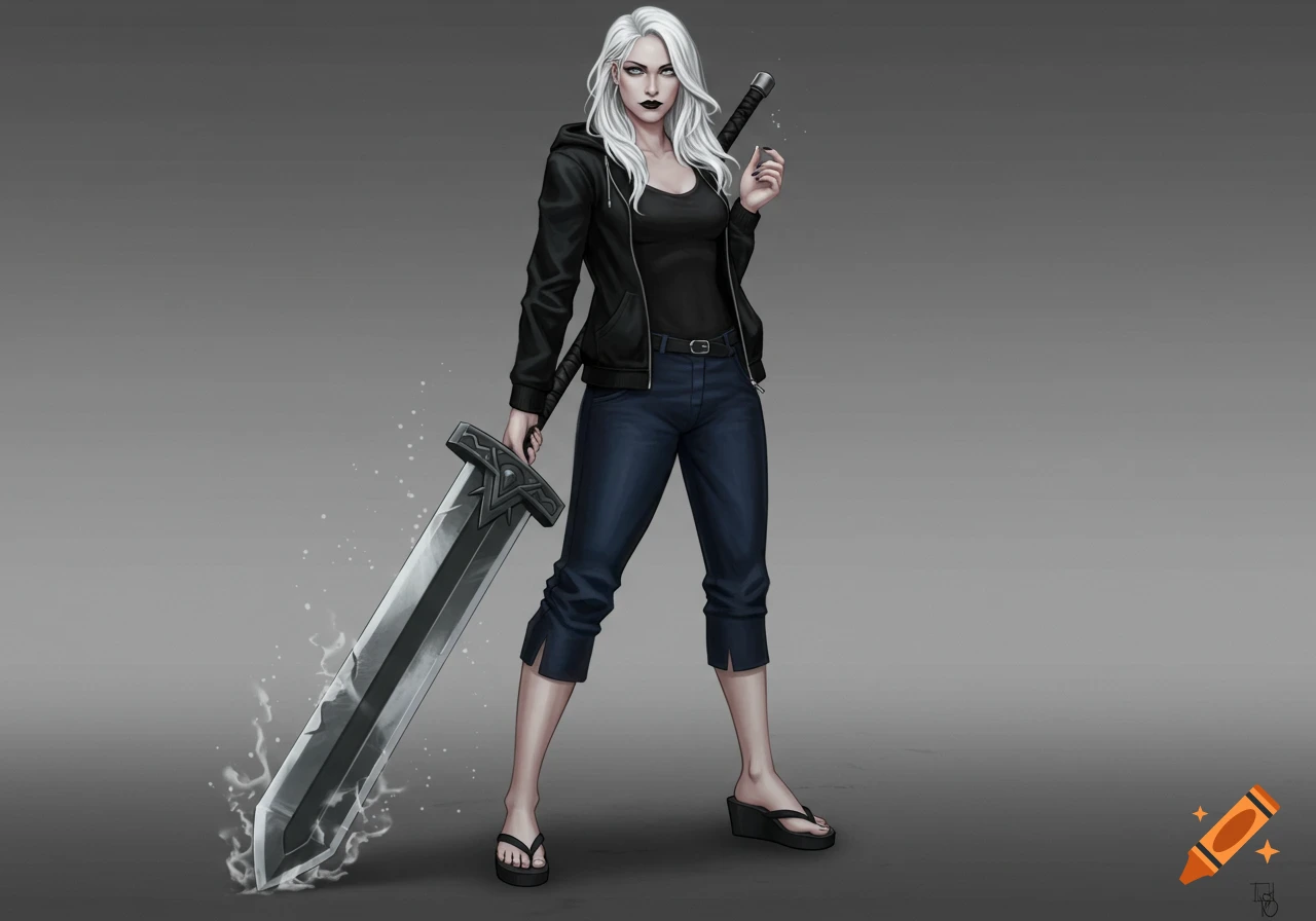 Full body illustration of a woman with long silver hair, black hoodie, and dark capri pants, holding a large great sword with an energy effect at its base.