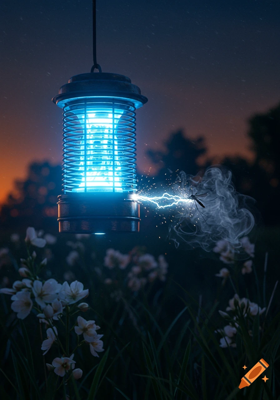 A photorealistic image of a blue bug zapper at night, zapping a mosquito with a bolt of electricity and smoke. White flowers and grass are in the foreground.