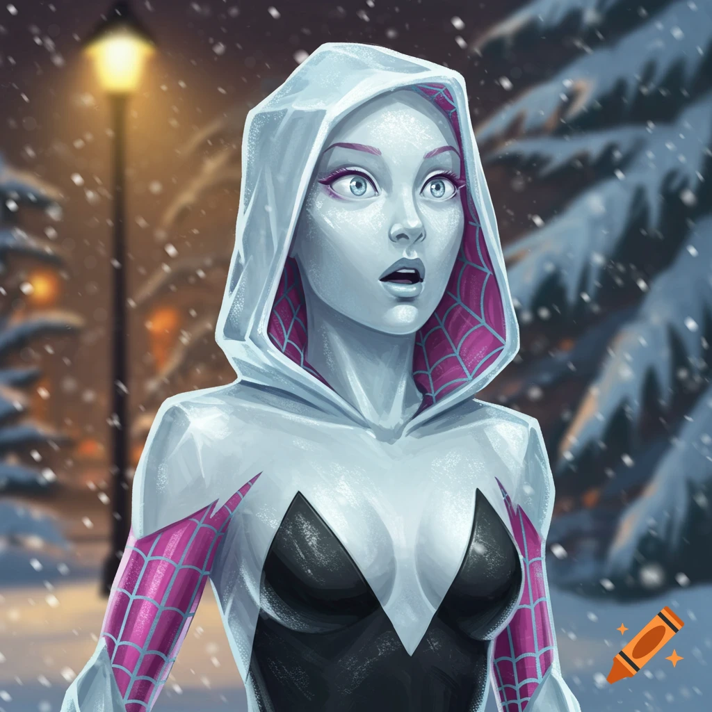 Surprised Spider-Gwen in a white hooded suit with pink web details, standing in a snowy night with a street lamp behind her.