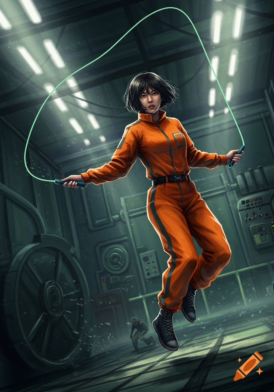 A dark-haired woman in an orange jumpsuit jumps rope with a glowing green rope in a dark, industrial room.