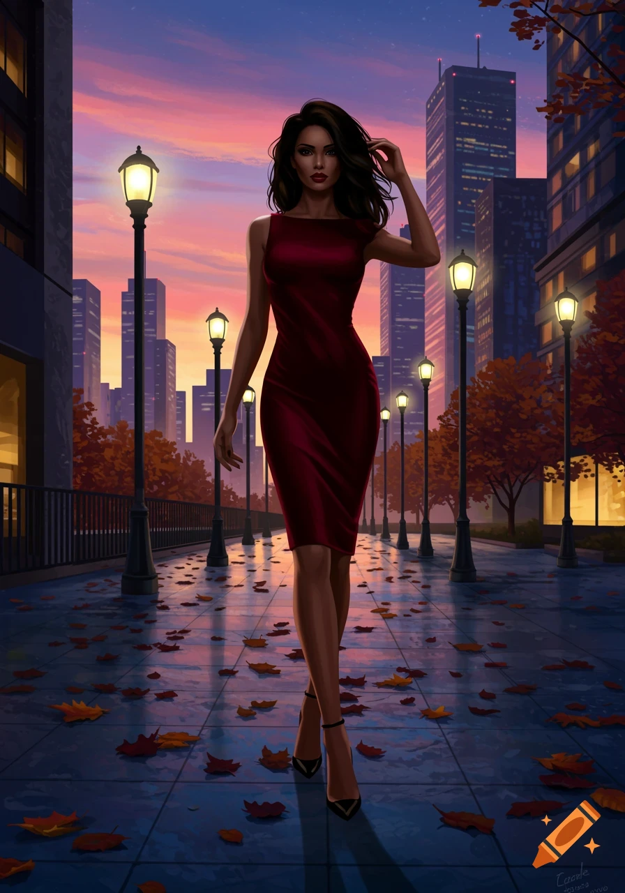 A woman in a red dress and high heels walks on a city sidewalk scattered with autumn leaves, with skyscrapers and streetlights at sunset.