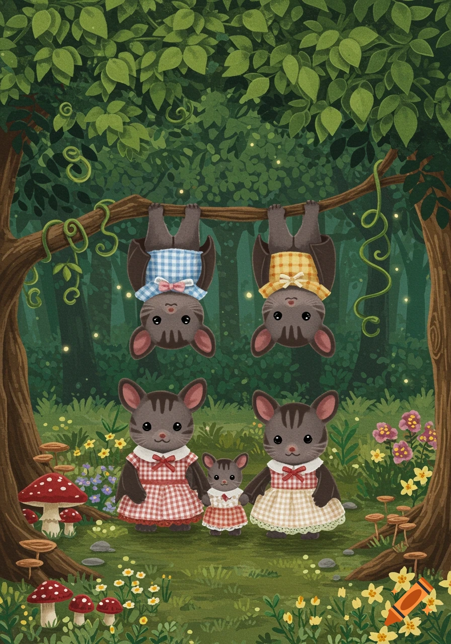 Cute bat family hanging from a branch and cat-like family standing on the forest floor in a Calico Critters style.