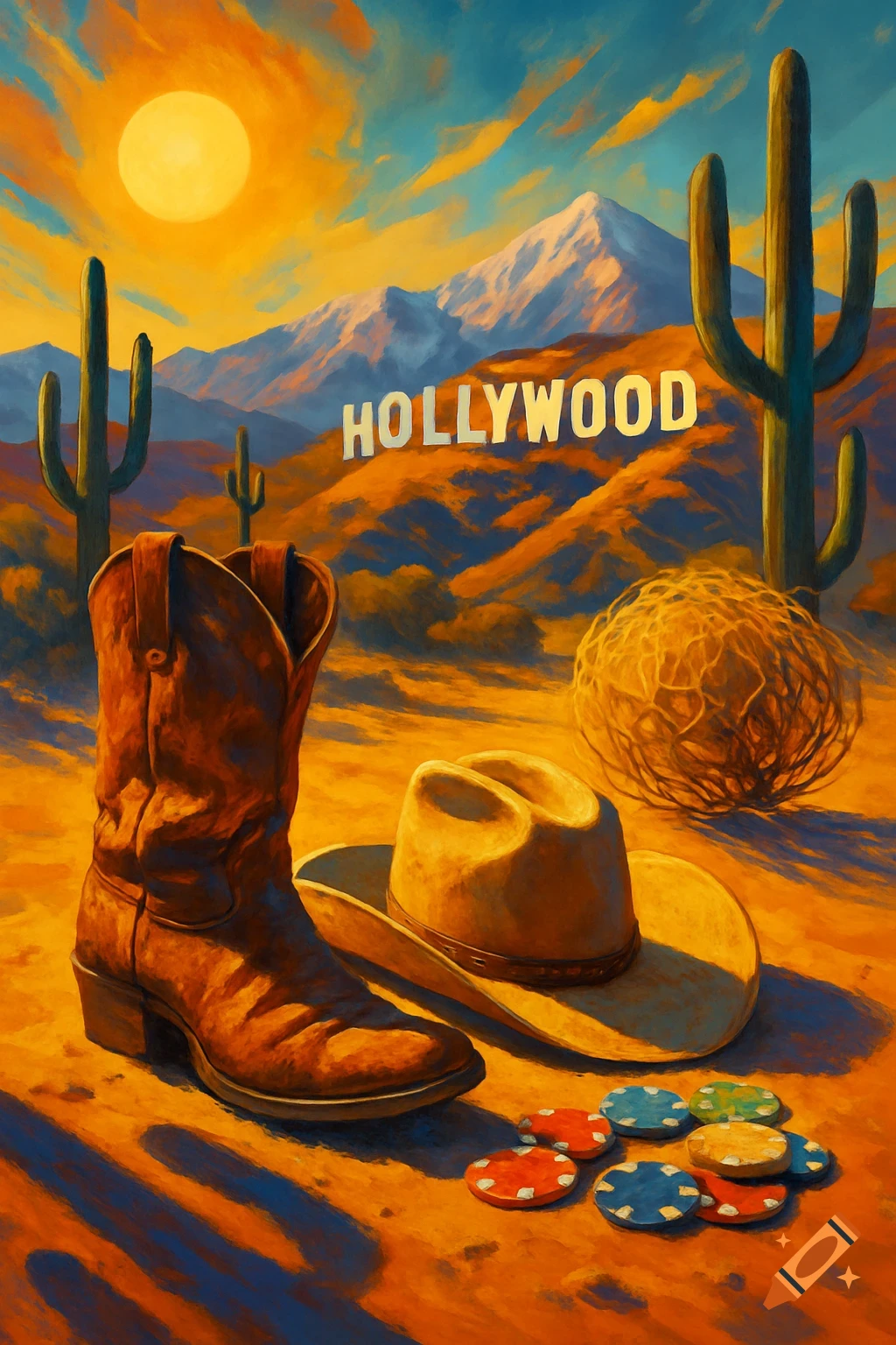 Painterly desert landscape at sunset with the Hollywood sign, a cowboy boot, hat, casino chips, and cacti.