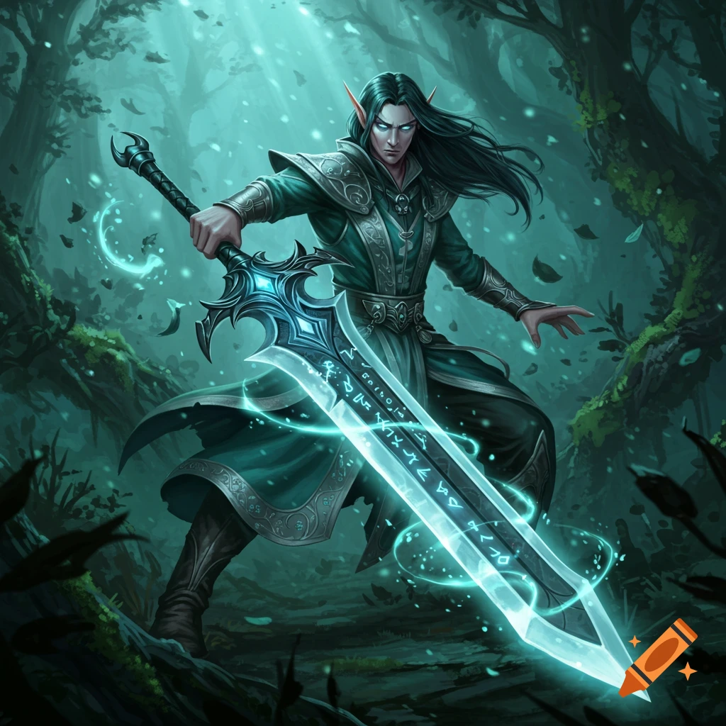 An elven magus with long dark hair and glowing eyes wields a large, glowing magic greatsword in a mystical forest.