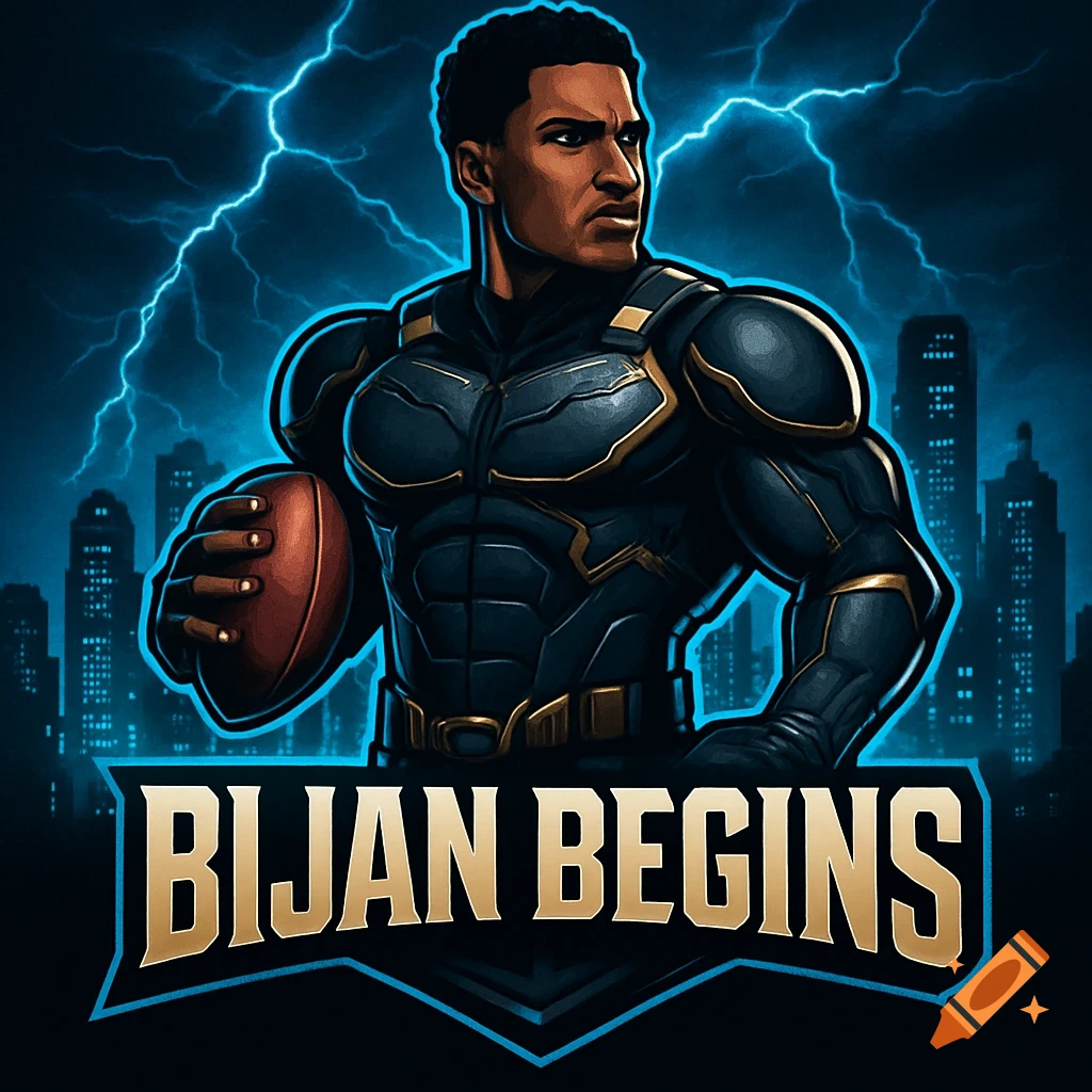 Logo of a muscular man in a dark superhero suit holding a football against a lightning-filled city, with 'BIJAN BEGINS' text.