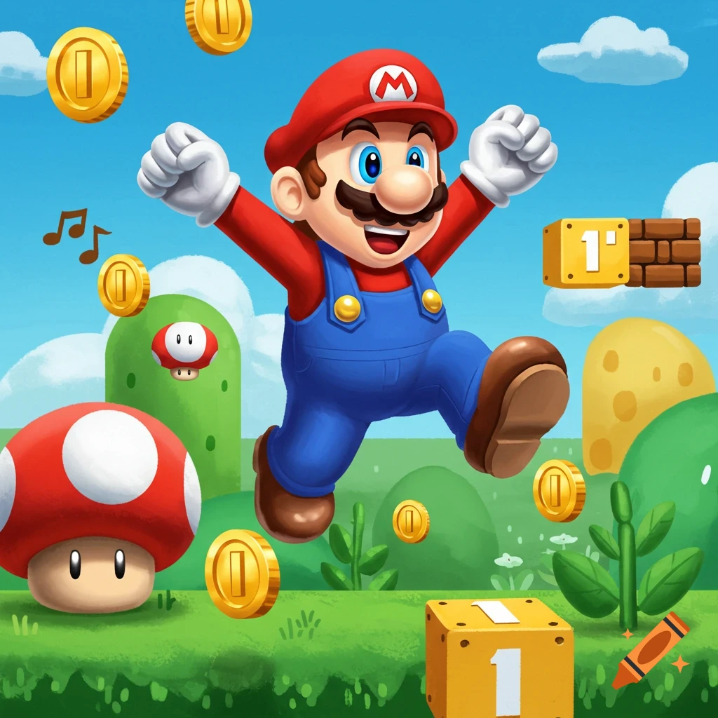 Cartoon illustration of Super Mario jumping amidst gold coins and mushrooms in a vibrant, green landscape.