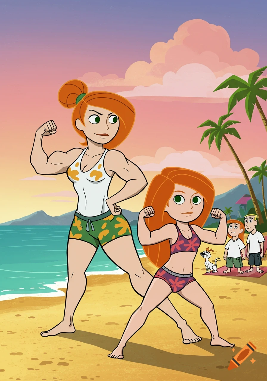 Cartoon of Kim Possible and her muscular mom flexing on a beach.