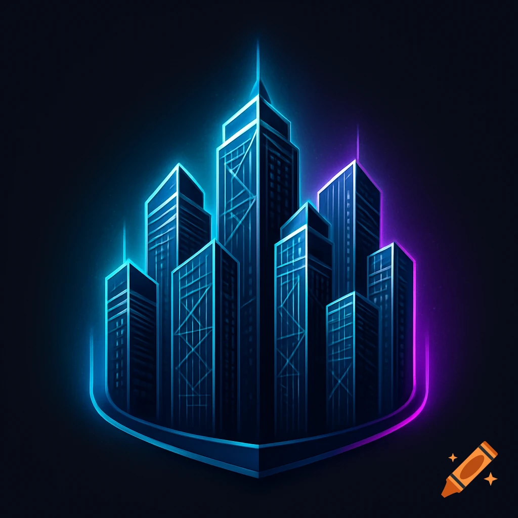 Stylized city skyline logo with neon blue and purple glowing buildings against a dark background.