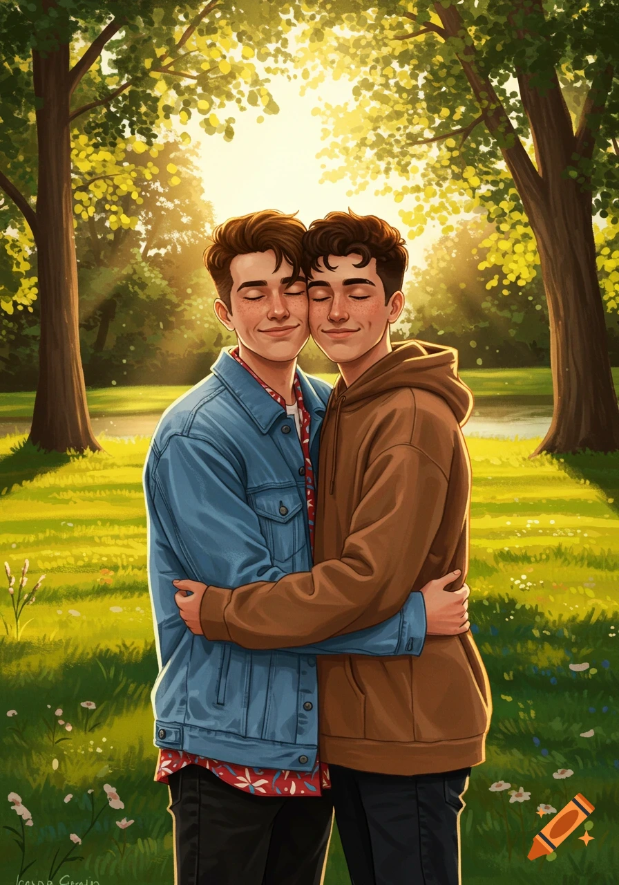 Two young men with closed eyes, hugging affectionately in a sunny park, digital illustration.