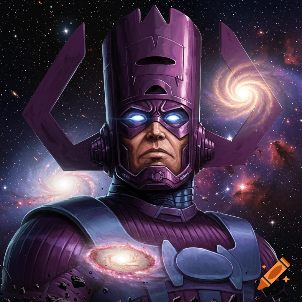 A close-up of Galactus, the purple-clad cosmic entity, with glowing blue eyes, against a backdrop of swirling galaxies.
