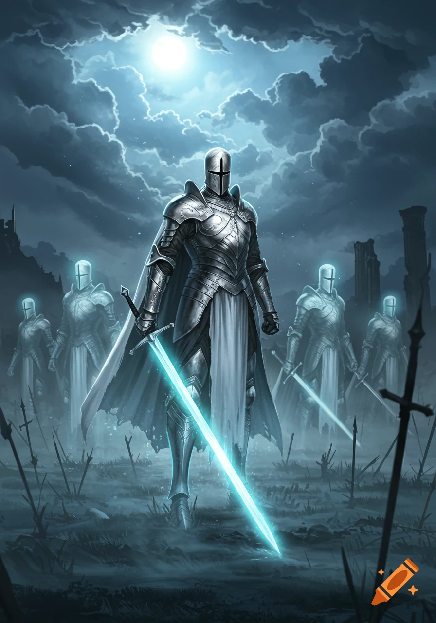 Armored knights with glowing blue swords stand on a misty battlefield under a bright moon, digital painting.
