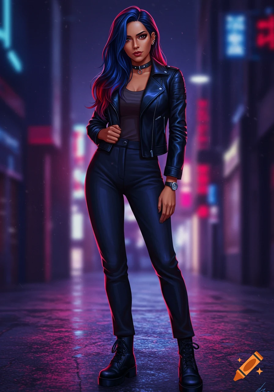 Stylized digital art of a woman with blue and red hair in a black leather jacket and pants standing on a neon-lit city street at night.