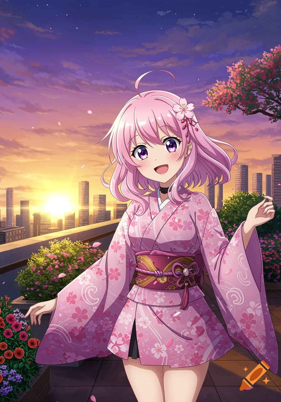 An anime girl with pink hair and a pink kimono smiles on a rooftop at sunset, with a city skyline and cherry blossoms in the background.