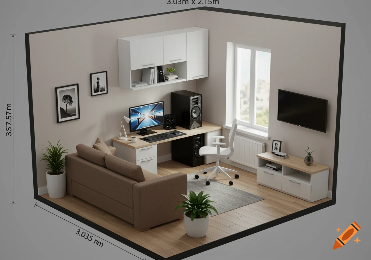 An overhead view of a modern room layout with a home office setup, sofa, and TV. Dimensions are labeled around the room.